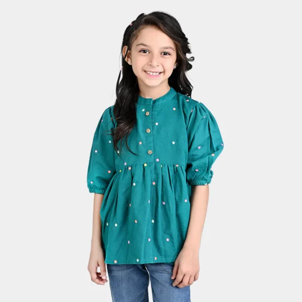 Girls Cotton Slub Emb Top Fanfare Green