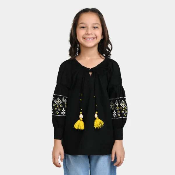 Girls Khaddar EMB Top Aztec Blaze Black